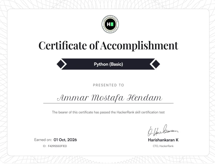 Certificate of Accomplishment — Python (Basic), HackerRank
